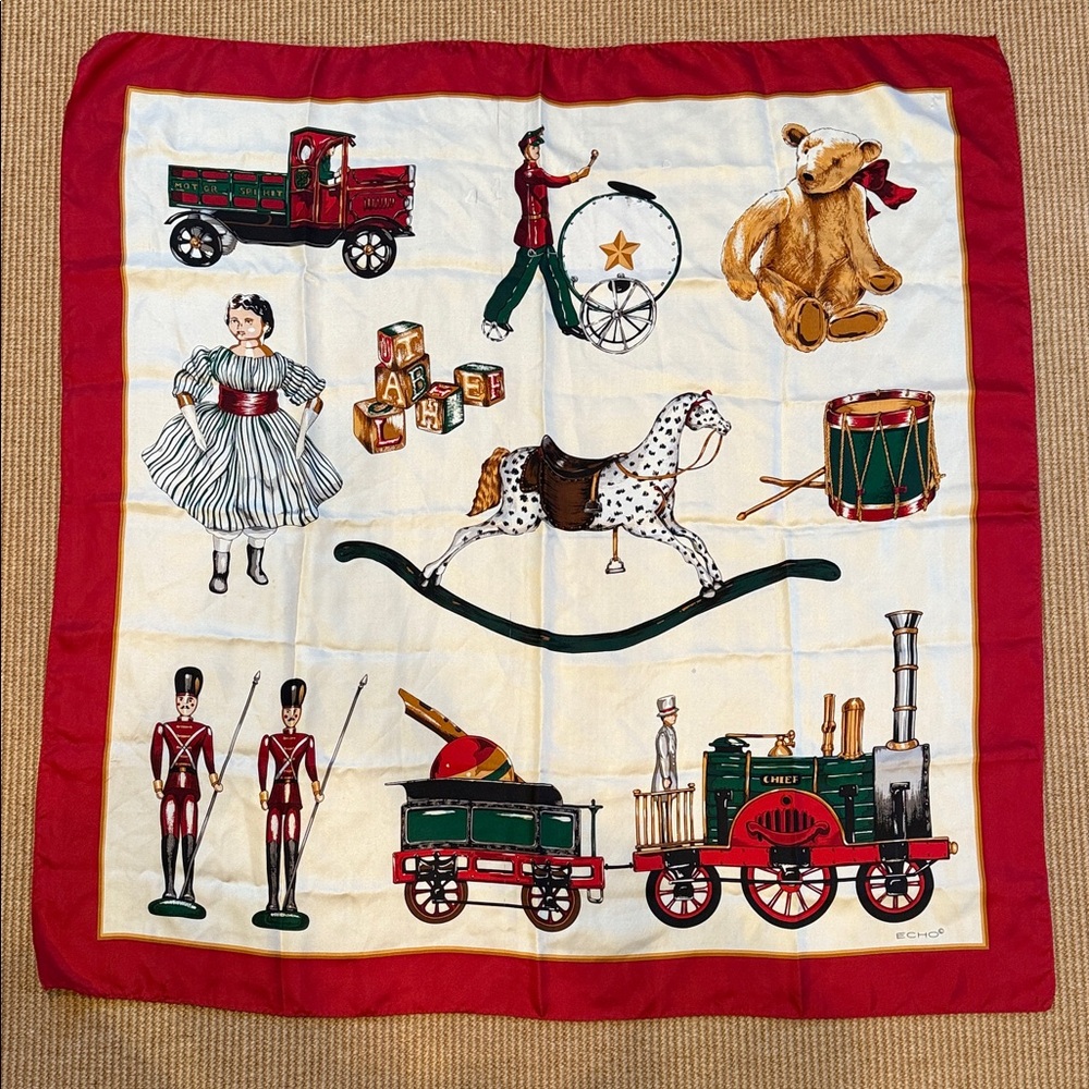 Vintage Echo Silk Scarf w/ Antique Toys- Christmas Colors